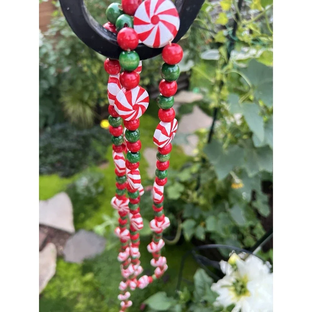 Vintage 8 Ft Wooden Christmas Garland Hand Painted Peppermint Candy Beads